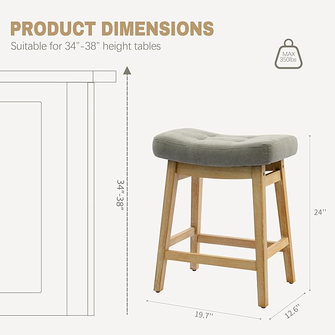 Counter Height Bar Stools Set of 4 for Kitchen Counter Farmhouse Modern Barstools with Upholstered Fabric Backless Seat and Solid Wood Legs 24 inch Bar Chairs, Grey + Wood Color