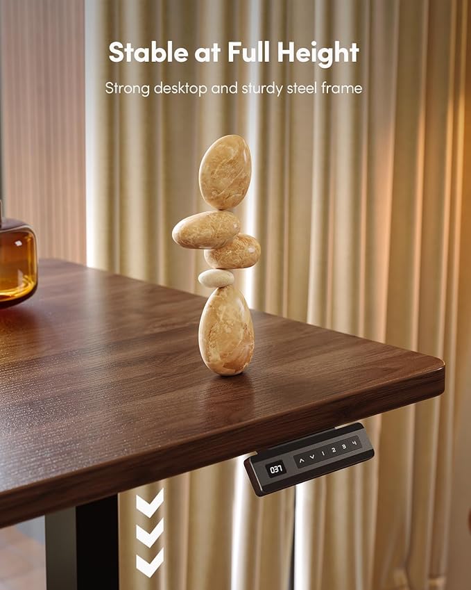 FEZIBO One-Piece Standing Desk Adjustable Height Stand up Home Office Desk, 60x24 Inch Electric Standing Computer Desk, with 4 Memory Presets, Headphone Hook, Fixable casters, Black Walnut