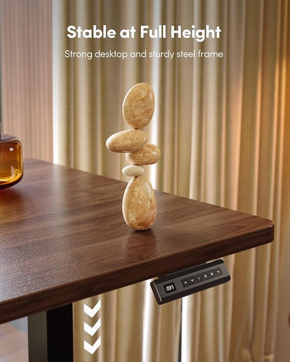 FEZIBO One-Piece Standing Desk Adjustable Height Stand up Home Office Desk, 60x24 Inch Electric Standing Computer Desk, with 4 Memory Presets, Headphone Hook, Fixable casters, Black Walnut
