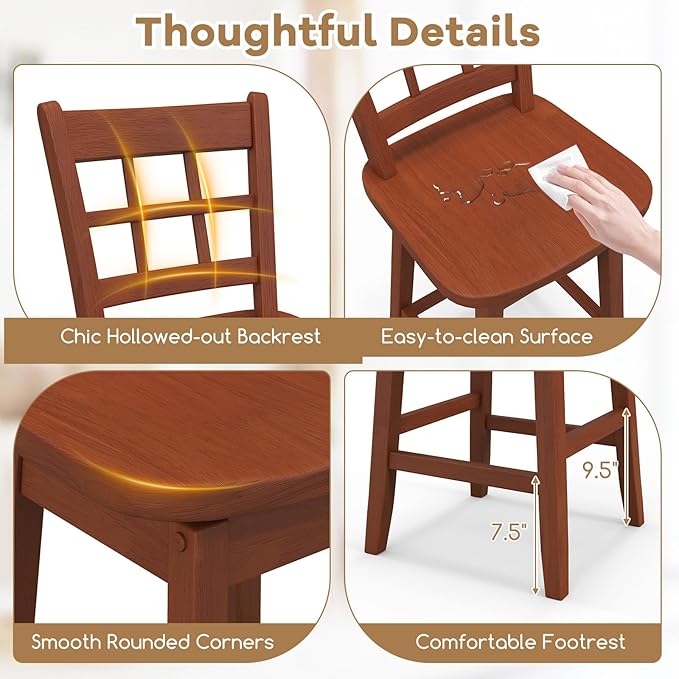 COSTWAY Swivel Bar Stools Set of 4, 24.5 Inch Counter Height Bar Chairs w/Hollow Backrest & Contoured Seat, Wooden Barstools w/Footrest for Kitchen Island, Pub, Bistro, Cafe (4, Walnut)