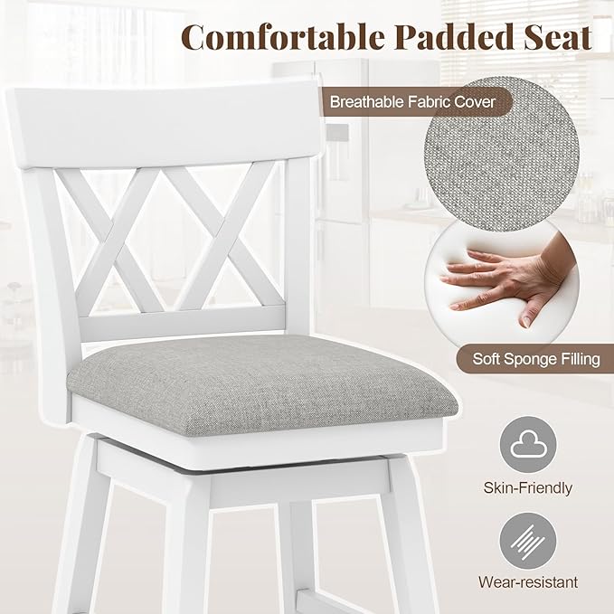 COSTWAY Bar Stool Set of 3 for Kitchen Island, 26" Counter Height Chair with Ergonomic Backrest, Foot Rest, Padded Seat & Solid Wood Structure, 360°Swivel Farmhouse Barstool with Back