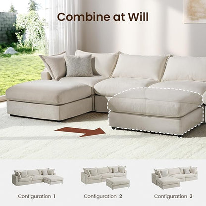 118.5" Down Filled Cloud Couch, Chenille Modular Sectional Sofa with Storage Ottoman, 3-Seater L Shape Sofa with Throw Pillows, Mordern Sectional Couches for Living Room, Beige