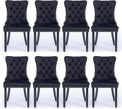 Velvet Upholstered Dining Chairs Set of 8, Modern Style Kitchen Side Chairs with Nailhead Trim and Wood Legs,Metal Pulling Ring for Dining Room Living Room(Quadrangular Star&Black)