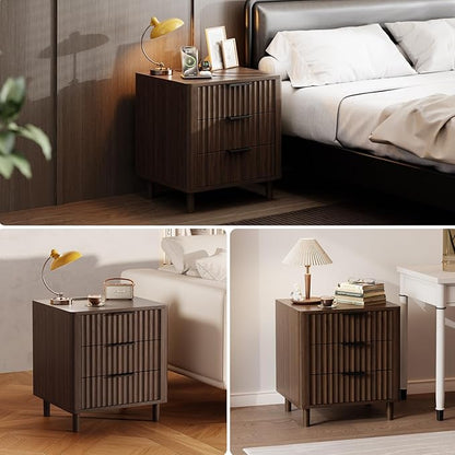 Fluted Nightstand with Charging Station, Multifunctional 3 Drawers Storage Bedside Table, Solid Wood Modern Nightstand, Curved Profile Design, End Table for Indoor Room Bedroom Office, Walnut