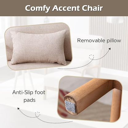 INZOY Mid Century Modern Accent Chair with High Back, Upholstered Living Room Chairs with Waist Cushion, Wood Frame Reading Armchair for Bedroom Sunroom, Beige