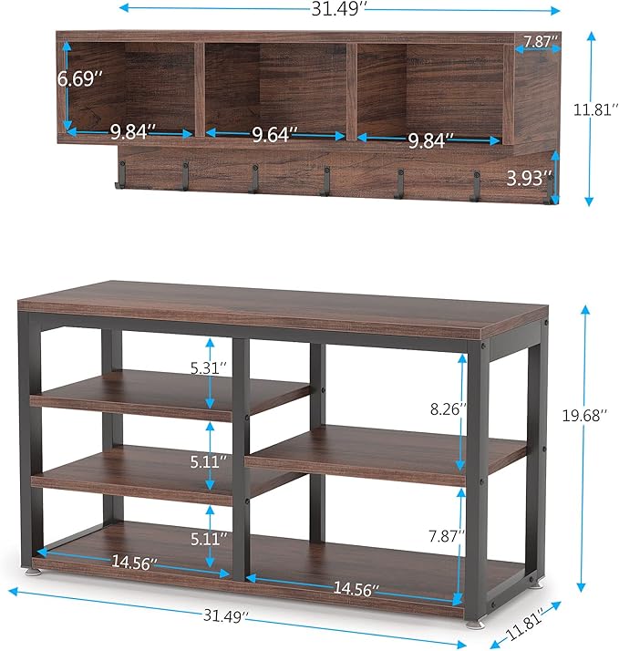 LITTLE TREE Coat Shoe Rack, Hall Tree Entryway Bench Set for Hallway, Living Room, Bedroom, Brown