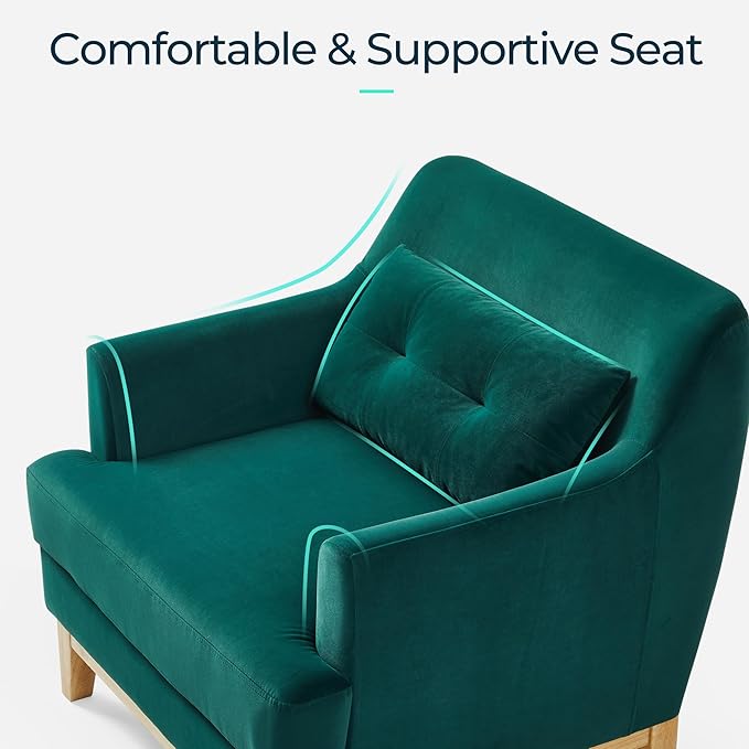LINSY Accent Chair, Large Reading Chair with Rubberwood Base, Mid Century Modern Armchair with Lumbar Pillow, Cozy Single Sofa Chair for Living Room Bedroom Office Study, Velvet Arm Chair, Green