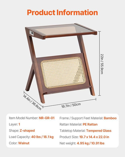 VEVOR End Table, Z-Shaped Rattan Woven Bamboo Coffee Table with Tempered Glass Top, 20” Modern Boho Storage Coffee Table with Natural Bamboo Legs, for Living Room, Bedroom & Small Spaces