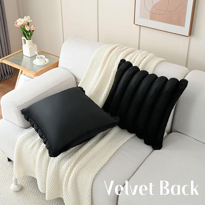 FUTEI Black Decorative Throw Pillow Covers 12x20 Inch Set of 2, Square Soft Faux Rabbit Fur Thick Striped Lumbar Pillow Case,Winter Home Decor for Couch Bed Living Room