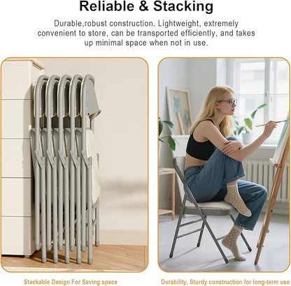 6 Pack Folding Chairs Fabric Dining Chair Set with Padded Cushion and Back, Indoor Outdoor Foldable Seat with Steel Frame for Home Office Events Wedding Party, Oatmeal Strip Seating