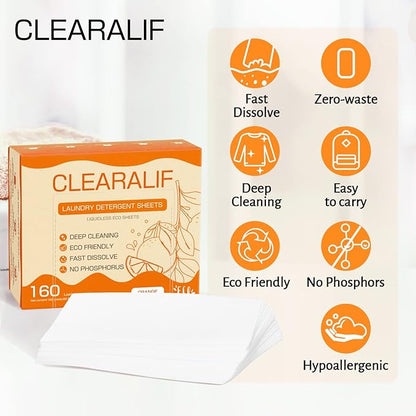Laundry Detergent Sheets (480 Loads), Orange,Great For Travel,Apartments, Dorms,CLEARALIF Laundry Detergent Strips Eco Friendly & Hypoallergenic (80 Count, Pack of 3)