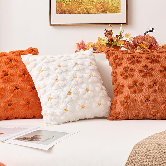 Kevin Textile Fall Floral Pillow Covers 18x18 Inch Set of 2 Cute Flowers Embroidery Decor Soft Plush Faux Fur Throw Pillows Pillowcases for Holiday Harvest Decor Sofa Couch Bedroom, Rust