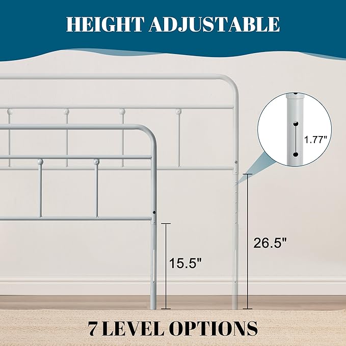 Metal Headboard Queen Size, Sturdy and Durable Iron Queen Headboard Only Adjustable Height from 34” to 44”, Victorian Vintage Bed Headboards, Farmhouse Head Board, Bed Frame Mount Grey