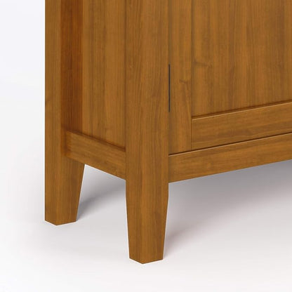 SIMPLIHOME Redmond SOLID WOOD 32 inch Wide Transitional Low Storage Cabinet in Light Golden Brown for the Living Room, Entryway and Family Room