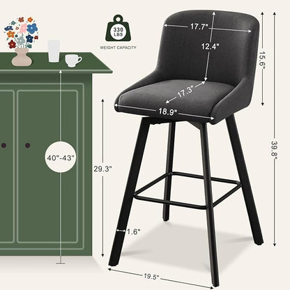 Swivel Counter Height Bar Stools Set of 3, 30''H Upholstered Barstools with Backs, Modern Bar Stool Chairs for Kitchen Island, Metal Legs, Fabric, Black Grey Stools Counter Chair