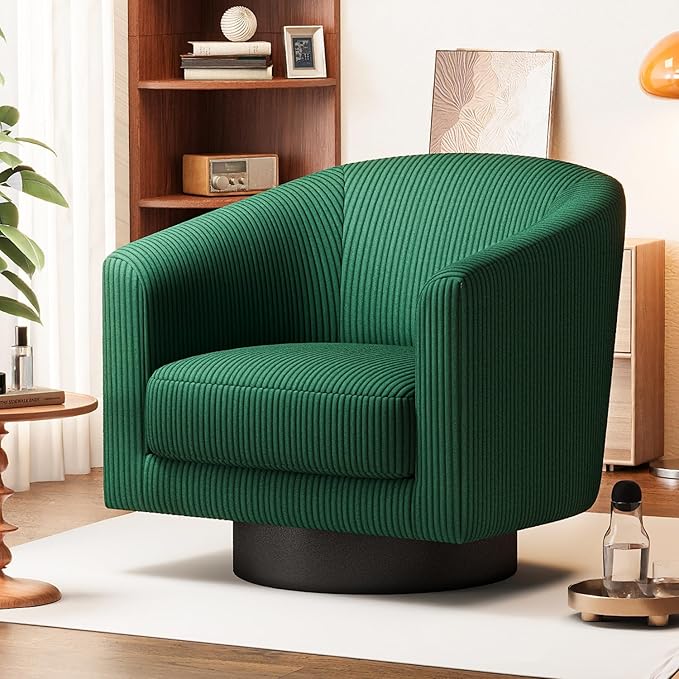 360° Swivel Accent Chairs, Modern Bucket Chair, Corduroy Barrel Armchair, Comfy Boucle Chair, Single Sofa for Living Room Bedroom. Green