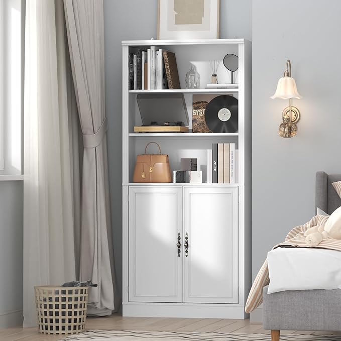 72'' Tall Bookcase with Doors, Adjustable Shelves, P2 MDF Construction, 32'' Wide Freestanding Cabinet with Metal Handles, Hidden Storage for Living Room, Bedroom, White