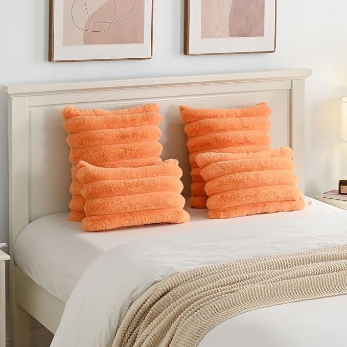 FUTEI Orange Decorative Throw Pillow Covers 16x16 Inch Set of 2, Square Soft Faux Rabbit Fur Thick Striped Cushion Cover,Winter Home Decor for Couch Bed Living Room