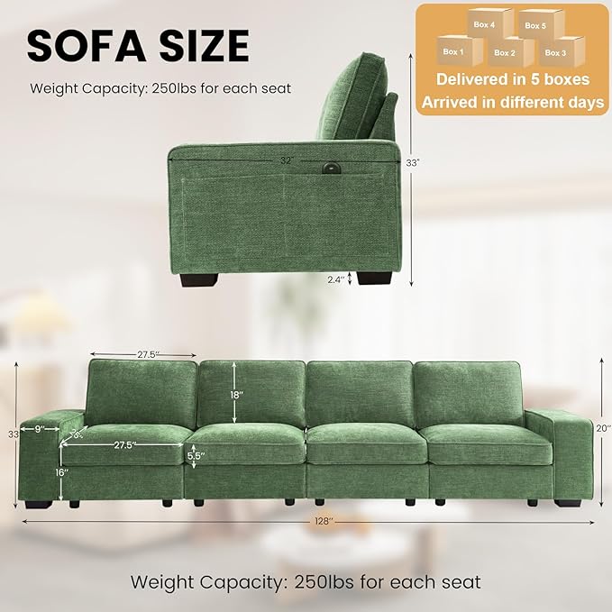 TEKAMON 128" Modular Sofa Couch with Seat Storage, Chenille Sofa，Modern Comfy 4-Seater Couch for Living Room, Office, Apart W/Deep Seat, Wide Armrest, USB, Pockets, Removable Covers (Green)