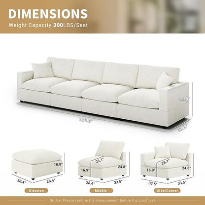 Modern Sectional Linen Couch for Living Room,4 Seat Modular Cloud Sofas,Detachable Couch Cushion Covers,Cozy Feather Down Sofa for Apartment Cream White