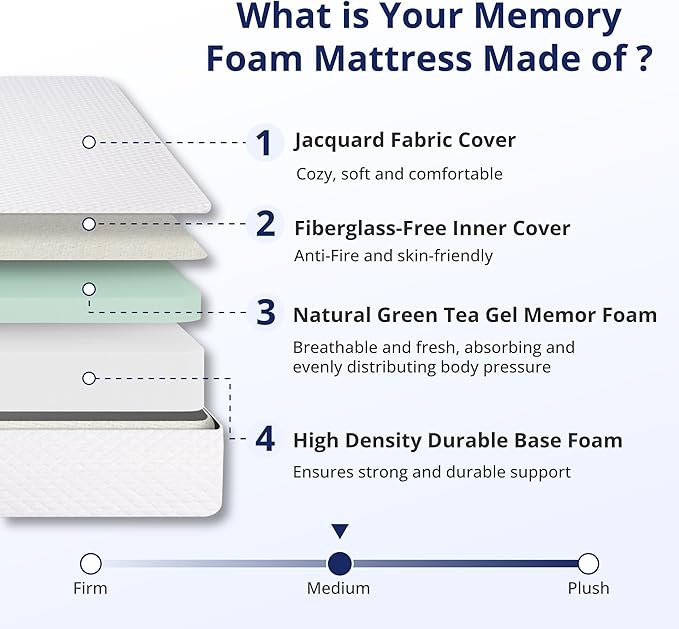 Twin XL Mattress 6 Inch Green Tea Memory Foam Mattress for Cool Sleep & Pressure Relief, Medium Feel Support,Fiberglass Free, Bed in a Box, Removable Washable Cover, CertiPUR-US Certified