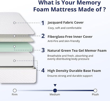 Twin XL Mattress 12 Inch Green Tea Memory Foam Mattress for Cool Sleep & Pressure Relief, Medium Feel Support,Fiberglass Free, Bed in a Box, Removable Washable Cover, CertiPUR-US Certified