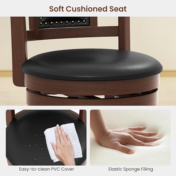 COSTWAY Bar Stools Set of 4, 30.5” Swivel Upholstered Bar Height Bar Stool w/Curved Backrest & Cushioned Seat, Solid Rubber Wood Legs & Resting Footrest, Bar Chairs for Kitchen Island (4, 30.5”)