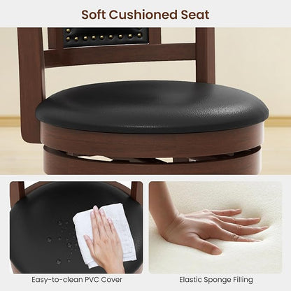COSTWAY Bar Stools Set of 4, 30.5” Swivel Upholstered Bar Height Bar Stool w/Curved Backrest & Cushioned Seat, Solid Rubber Wood Legs & Resting Footrest, Bar Chairs for Kitchen Island (4, 30.5”)