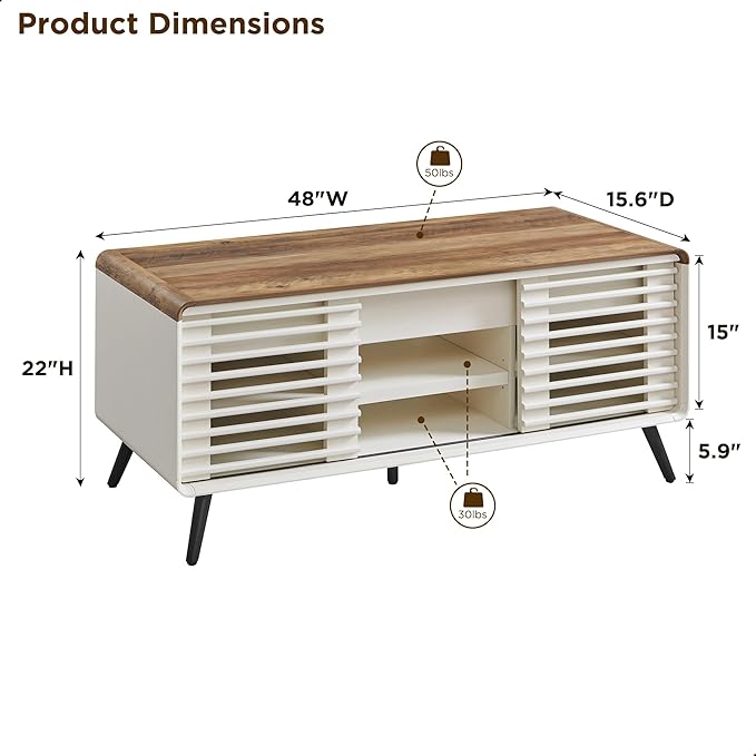 RedLemon 48" Lift top Coffee Table, mid Century Modern Coffee Table with Slatted Sliding Door, Hidden Storage Compartment, 4 Storage Shelves, Center Table for Living Room, Office, Antique White