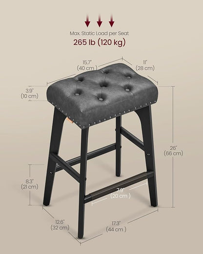 VASAGLE Bar Stools Set of 2, Saddle Counter Height Bar Stools, 26-Inch Backless Kitchen Stools with Wood Legs, PU Leather Thickened Upholstered Barstools for Kitchen Island Dining Room, Ink Black