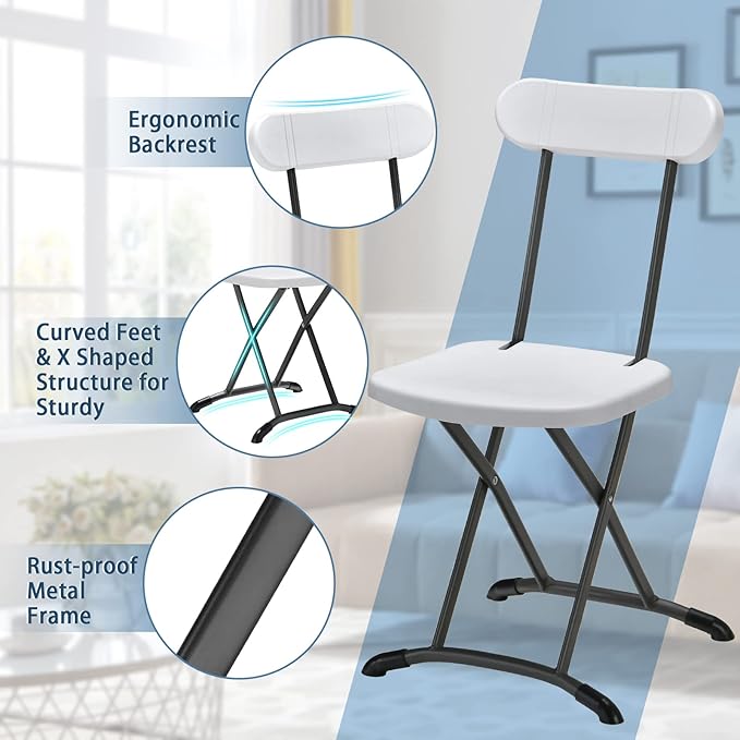 GYMAX Folding Chair, 400lbs Plastic Chairs Set with Steel Frame & Ergonomic Curved Back, Indoor & Outdoor Commercial Event Seat for Meeting, Wedding, Stackable Lightweight Folding Chairs (10, White)
