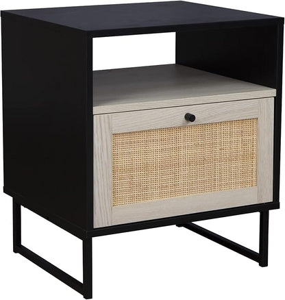 Nathan James Mina Rattan Wood End Side Accent Table Nightstand with Storage for Living Room or Bedroom, 1, Black Oak/Black