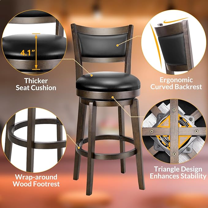 PrimeZone Swivel Bar Stools Set of 6, 26 Inch Counter Height Barstools, Black Faux Leather Bar Stool with High Backrest & Solid Wood Legs & Wrap-around Footrest, Counter Stools for Kitchen Island, Pub