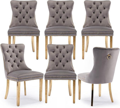 Velvet Upholstered Dining Chairs Set of 6, Modern Style Kitchen Side Chairs with Nailhead Trim and Gold Plated Leg, Metal Pulling Ring for Dining Room Living Room(Gery-Gold Plated Leg)