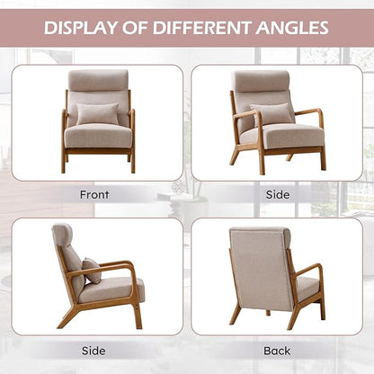 Accent Chair Mid Century Modern Chair Linen Fabric Living Room Chairs with Solid Wood Frame Comfy Upholstered and Lumbar Pillow Reading Side Chair Easy Assembly for Bedroom (2, Beige)