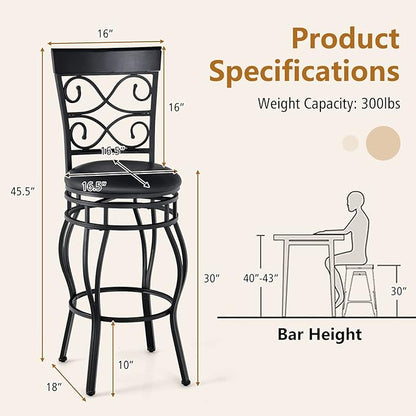 COSTWAY Bar Stools Set of 2, 360 Degree Swivel, 30" Bar Height Bar Stools, Leather Padded Seat Bistro Metal Bar Chairs with Back for Kitchen Island, Pub (Set of 2)
