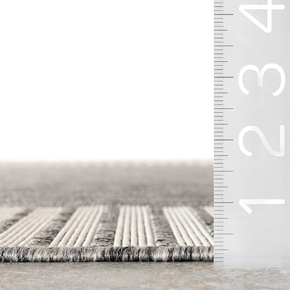 nuLOOM 9'6" x 12' Outdoor Area Rug, Casual Design with Striped Border, Stain Resistant, Highly Durable, for Patio, Balcony, Bedroom, Living Room, Dining Room, Bathroom, Steel