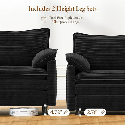 Vesgantti Large Modular Sectional Sofa, Big Comfy Cloud Couch with Ottoman Deep Seat Corduroy Cloud Sofa, 8 Seater Large Sectional Couches for Living Room, Bedroom and Apartment, Black