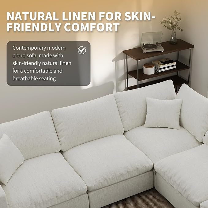 Linen Sleeper Sofa Bed,Modern Sectional Sofa Couch for Living Room,67 Inch Cloud Couches Cushion Covers Removable,Cozy Feather Down Sofa for Apartment Cream White