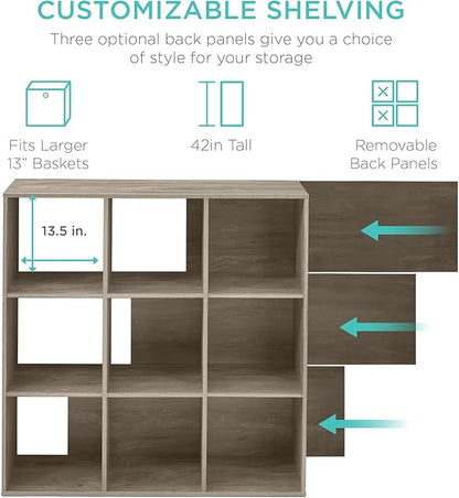 Best Choice Products 9-Cube Storage Organizer, 13.5in Shelf Opening, Bookcase, Display Shelf, Customizable w/ 3 Removable Back Panels – Greige