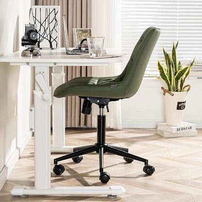 Kidol & Shellder Faux Leather Office Chair, Adjustable Swivel Height Task Chair, Rolling Wheels & Soft Backrest - Armless Ergonomic Desk Chair for Home, Office,Vanity,Gaming（Bean-Green）