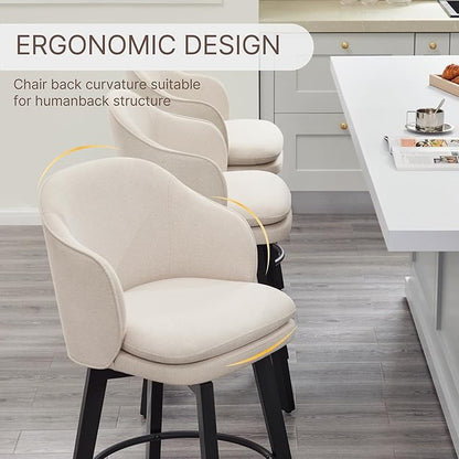 Counter Height Barstools 26 inch Upholstered Swivel Bar Stools with Back and Wood Legs for Kitchen Island,Set of 3,Beige Fabric