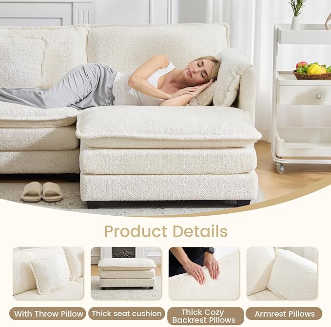 112" U Shaped Modular Sectional Sofa, 3 Seater Comfy Cloud Couch with Movable Ottoman, Deep Seat Couches for Living Room, Bedroom, Apartment (Beige)