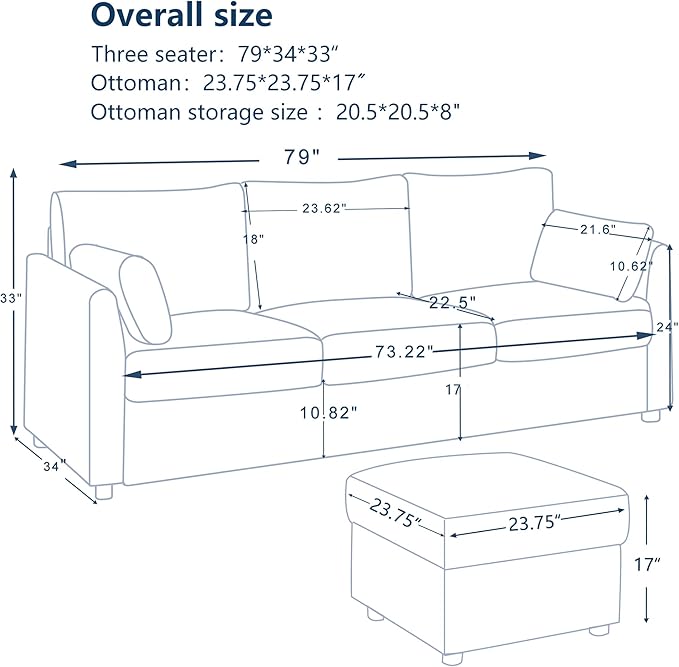 79" Small Couches with Storage Ottoman 3 Seat L Shaped Couch Sectional Sofa with Chaise Lounge for Apartment,Dorm,Bonus Room,Compact Spaces. (Blue, 3+OTT)