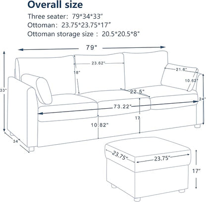 79" Small Couches with Storage Ottoman 3 Seat L Shaped Couch Sectional Sofa with Chaise Lounge for Apartment,Dorm,Bonus Room,Compact Spaces. (Grey, 3+OTT)