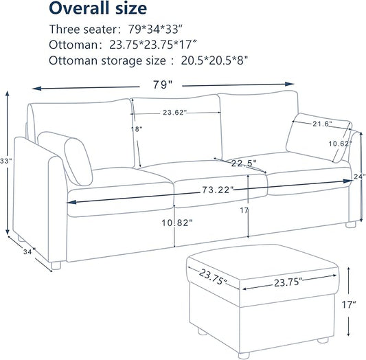 79" Small Couches with Storage Ottoman 3 Seat L Shaped Couch Sectional Sofa with Chaise Lounge for Apartment,Dorm,Bonus Room,Compact Spaces. (Grey, 3+OTT)