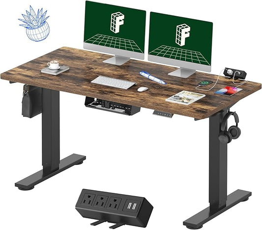 FLEXISPOT EN2 Whole-Piece Standing Desk with Clamp Power Strip, 55 x 28 Electric Stand Up Height Adjustable Desk with Cable Management (Black Frame + 55" Rustic Brown Desktop, 2 Packages)