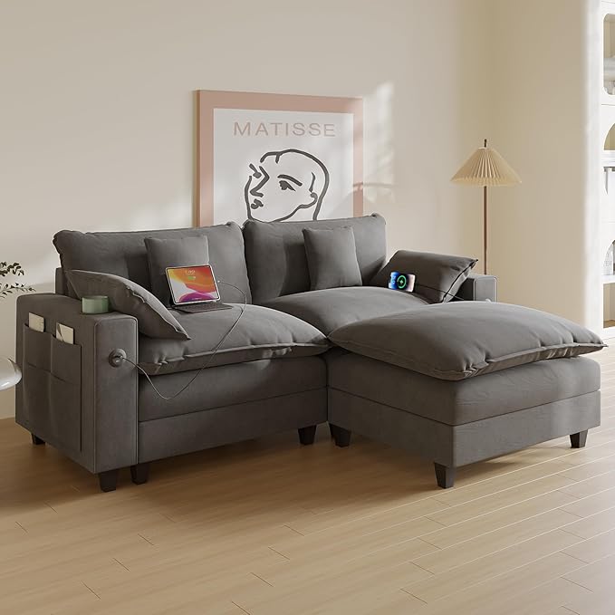 Cloud Couch, Modular Sectional Sofa with Ottoman, Charging Station, Throw Pillows, Cup Holders, Modern Convertible L Shaped Couches for Living Room, Bedroom (Grey, 80.7"- L Shape)