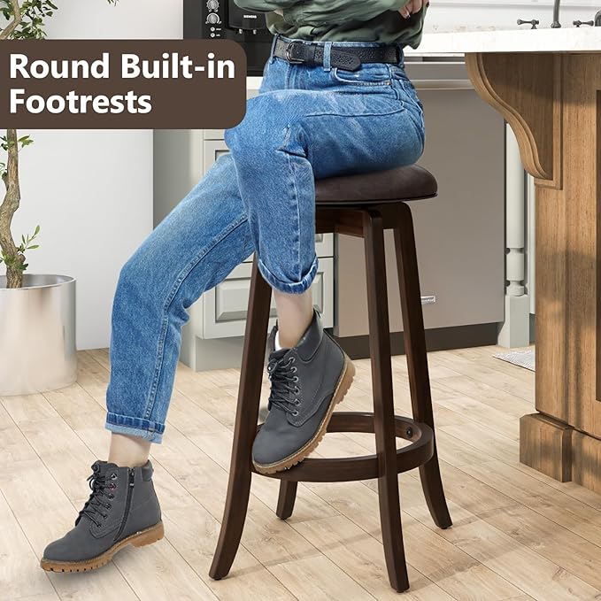 COSTWAY 29-Inch Swivel Bar Stools Set of 2, Upholstered Barstools w/PU Leather Seat & Solid Rubber Wood Legs, Mid-Century Backless Round Bar Height Stools w/Footrest for Kitchen Home Bar