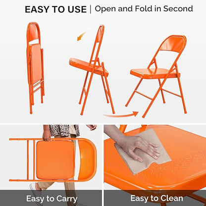 VINGLI Folding Chairs All Steel Metal Frame, Capacity 350 lbs, Durable Portable and Versatile for Indoor Outdoor Use, Orange, Set of 8